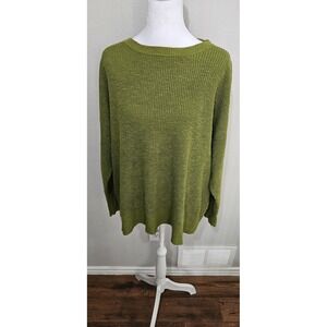 Eileen Fisher Organic Cotton Linen Waffle Knit Sweater Size IX Green Minimalist